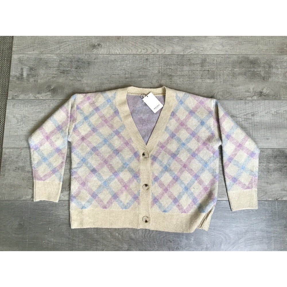 Dreamers by Debut Women's Cream Plaid V-Neck Fuzzy Cardigan Petite Size L/XL NWT - Picture 2 of 5